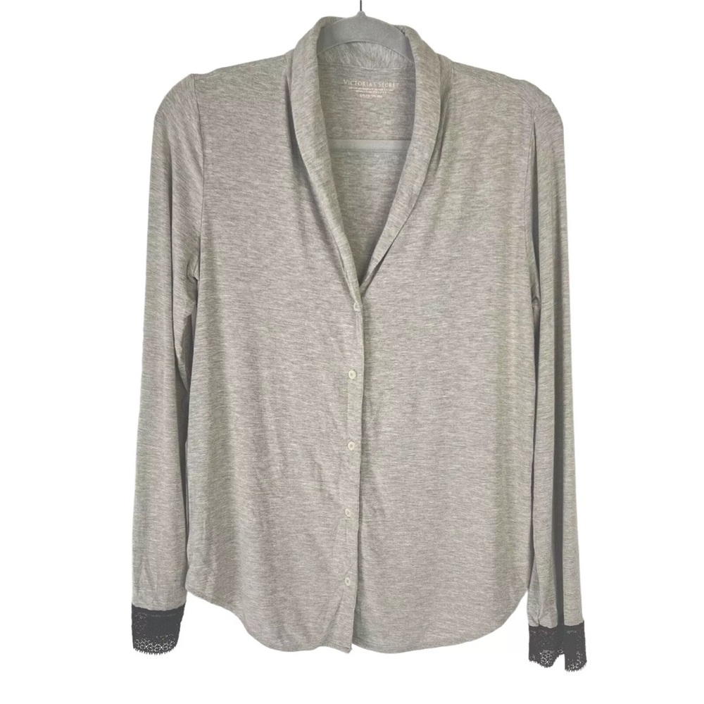 Victoria’s Secret Grey Modal Cotton Pajama Longsleeve Shirt Top Black Lace Trim